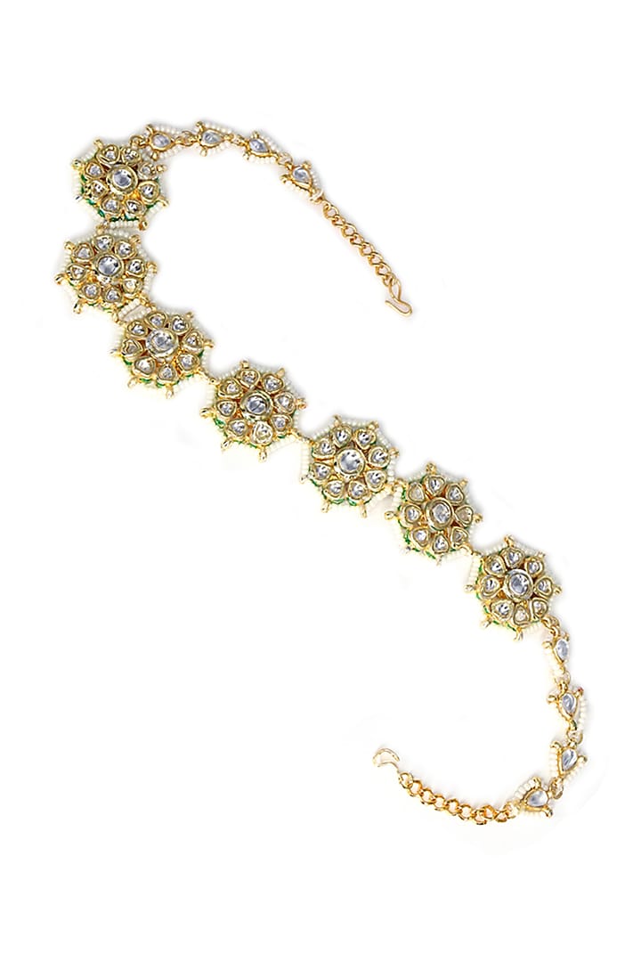 Gold Finish Kundan Polki & Pearl Mathapatti by Tad Accessories at Pernia's Pop Up Shop