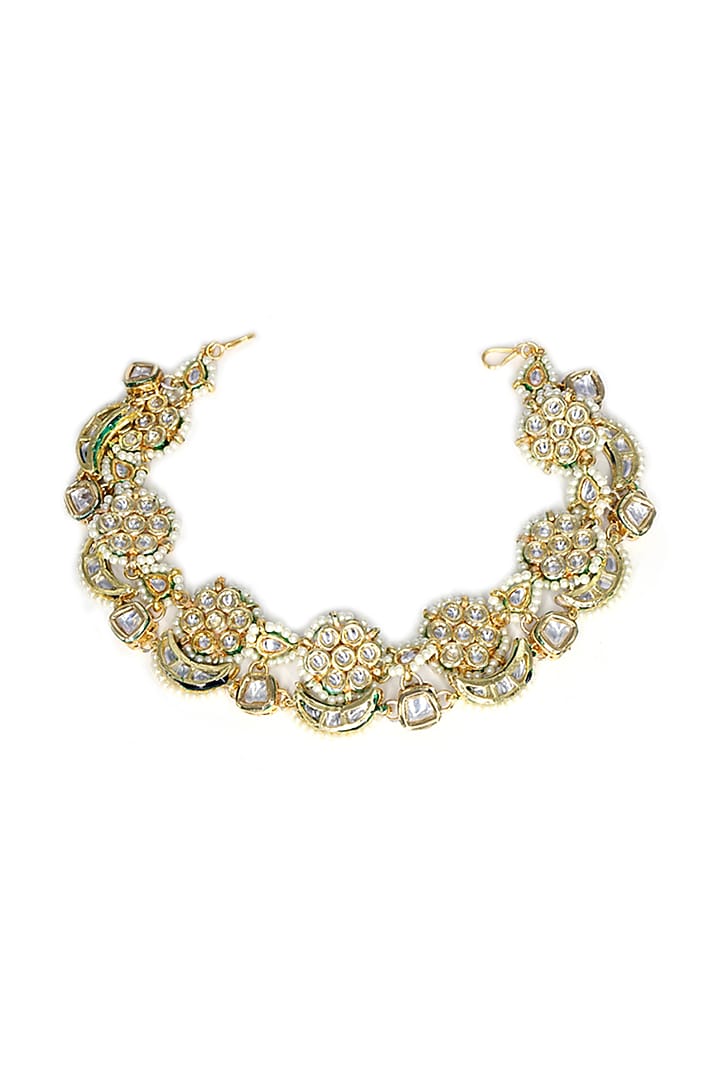Gold Finish Kundan Polki & Pearl Mathapatti by Tad Accessories at Pernia's Pop Up Shop