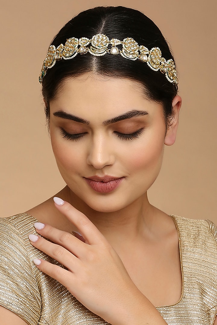 Gold Finish Kundan Polki & Pearl Mathapatti by Tad Accessories at Pernia's Pop Up Shop