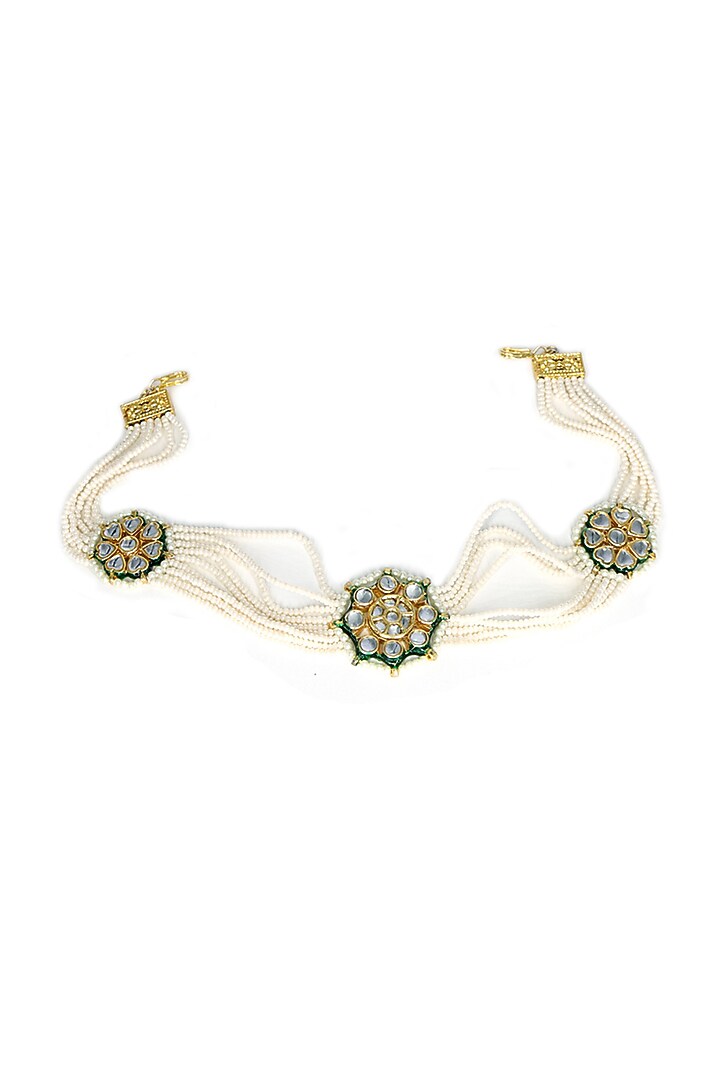 Gold Finish Kundan Polki & Pearl Mathapatti by Tad Accessories at Pernia's Pop Up Shop