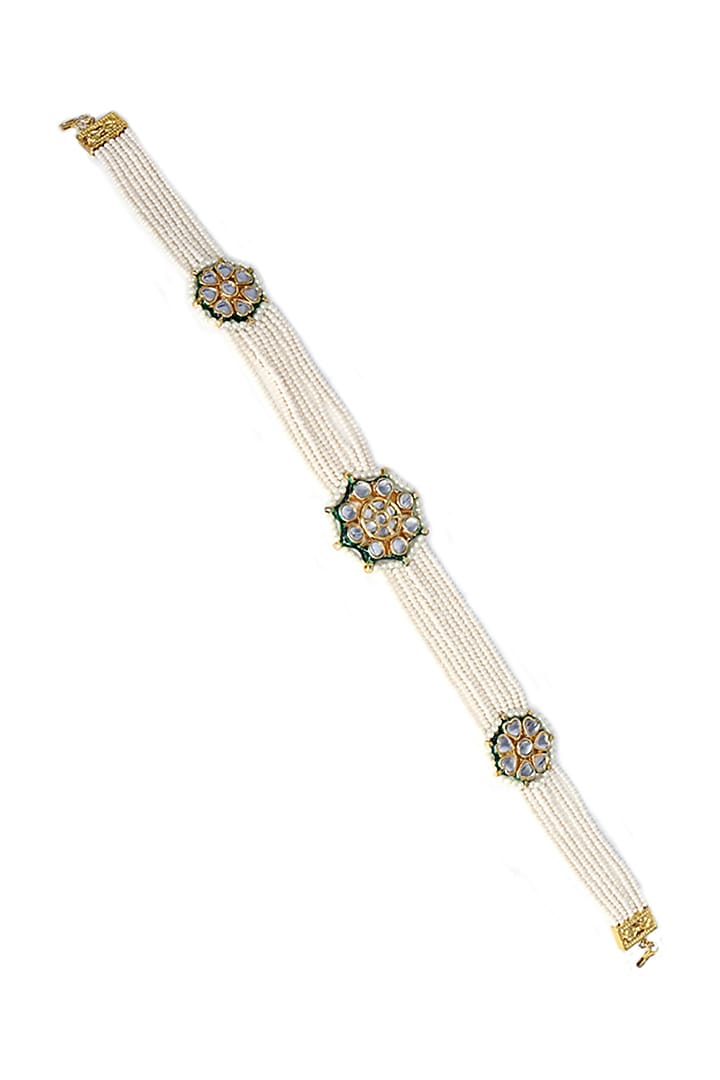 Gold Finish Kundan Polki & Pearl Mathapatti by Tad Accessories at Pernia's Pop Up Shop