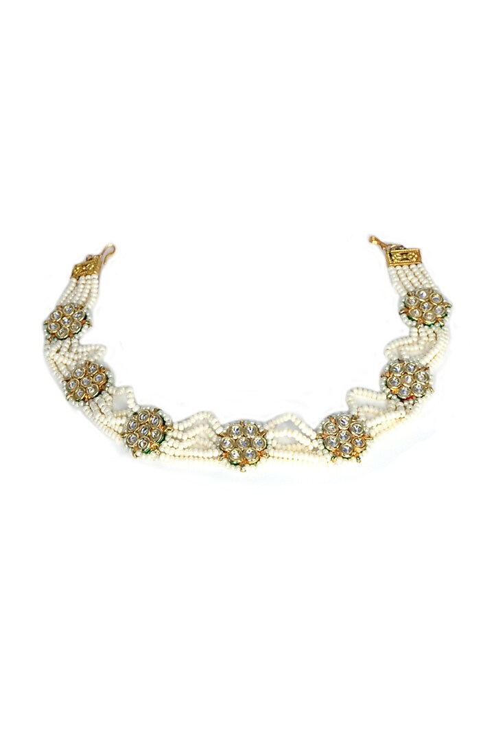 Gold Finish Kundan Polki & Pearl Mathapatti by Tad Accessories at Pernia's Pop Up Shop