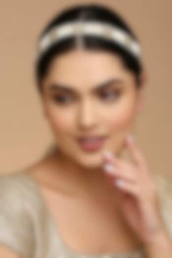 Gold Finish Kundan Polki & Pearl Mathapatti by Tad Accessories at Pernia's Pop Up Shop