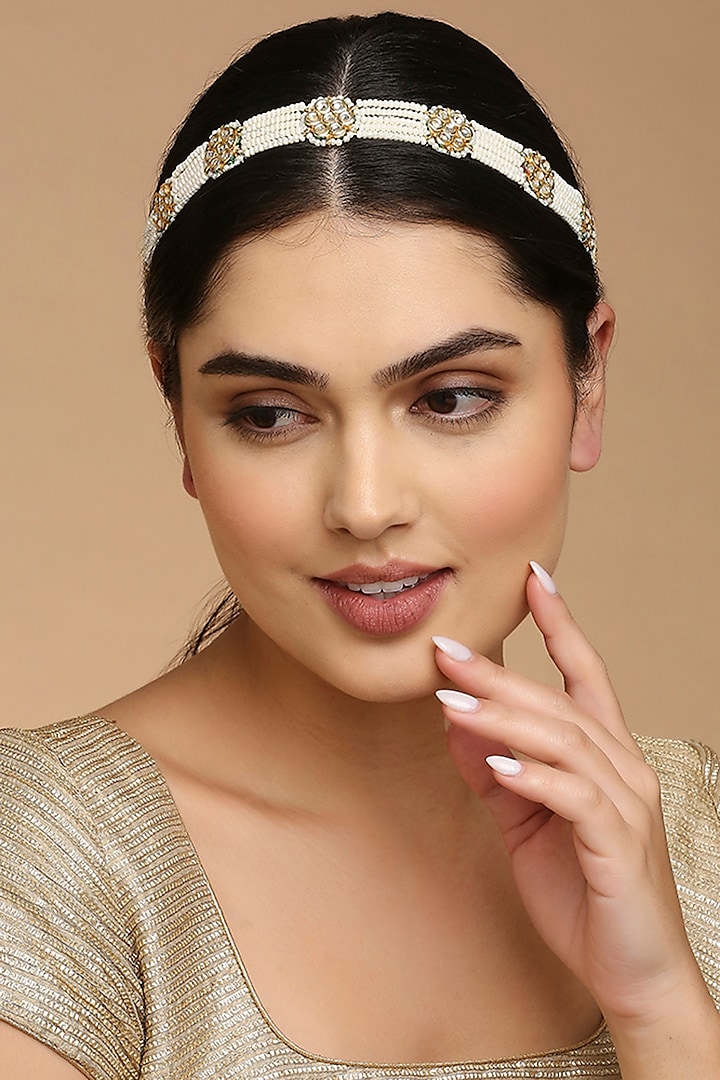 Gold Finish Kundan Polki & Pearl Mathapatti by Tad Accessories at Pernia's Pop Up Shop