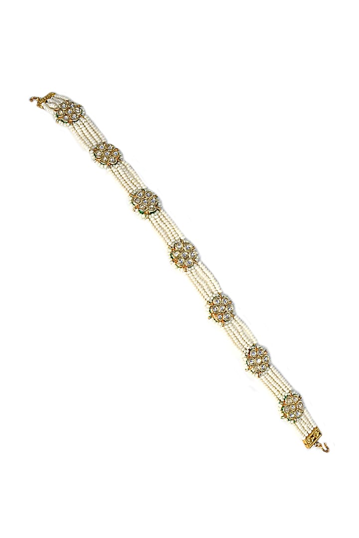 Gold Finish Kundan Polki & Pearl Mathapatti by Tad Accessories at Pernia's Pop Up Shop