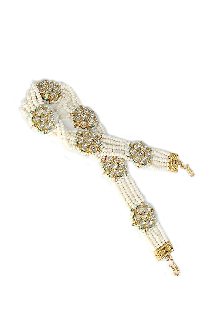 Gold Finish Kundan Polki & Pearl Mathapatti by Tad Accessories at Pernia's Pop Up Shop