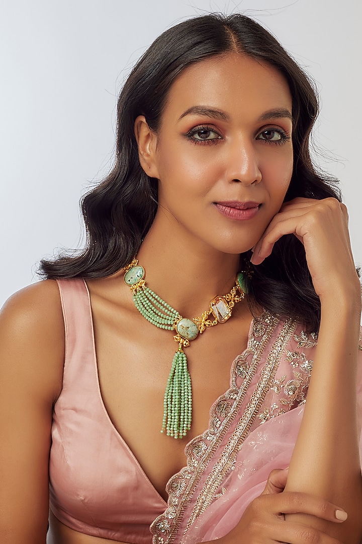Gold Finish Semi-Precious Stone Necklace by Tad Accessories at Pernia's Pop Up Shop