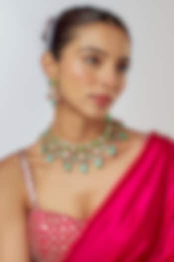 Gold Finish Kundan Polki & Semi-Precious Stone Necklace Set by Tad Accessories at Pernia's Pop Up Shop