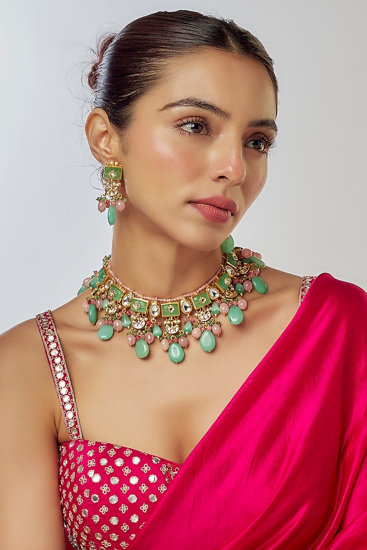 Gold Finish Kundan Polki & Semi-Precious Stone Necklace Set by Tad Accessories at Pernia's Pop Up Shop