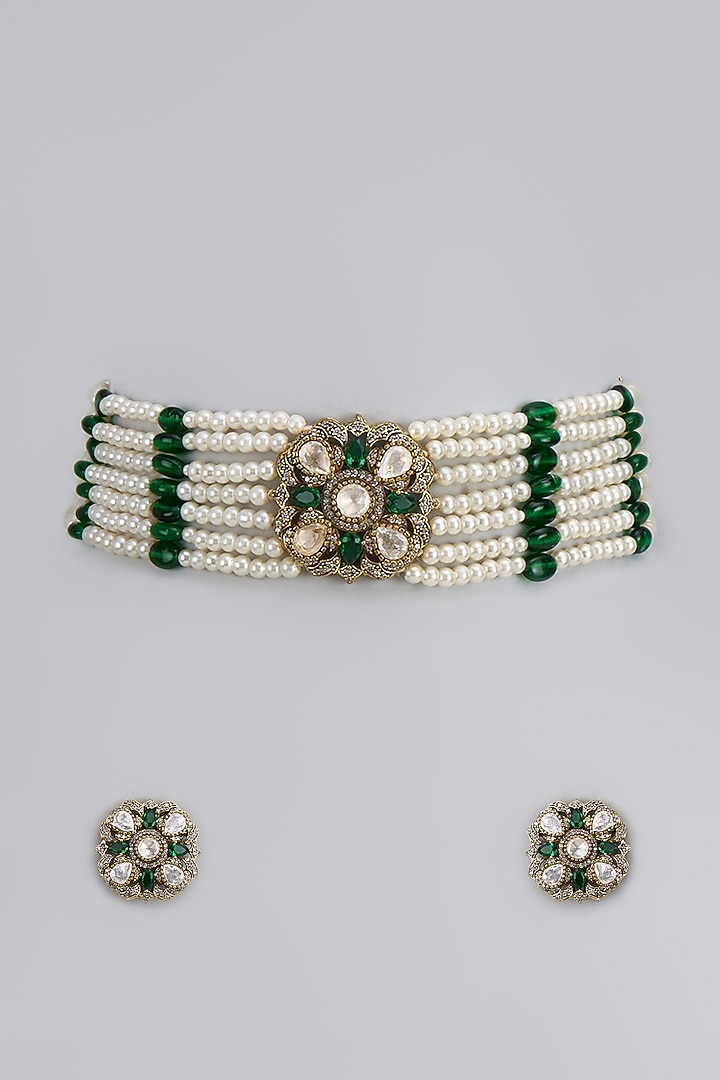 Gold Finish Kundan Polki & Semi-Precious Stone Choker Necklace Set by Tad Accessories at Pernia's Pop Up Shop