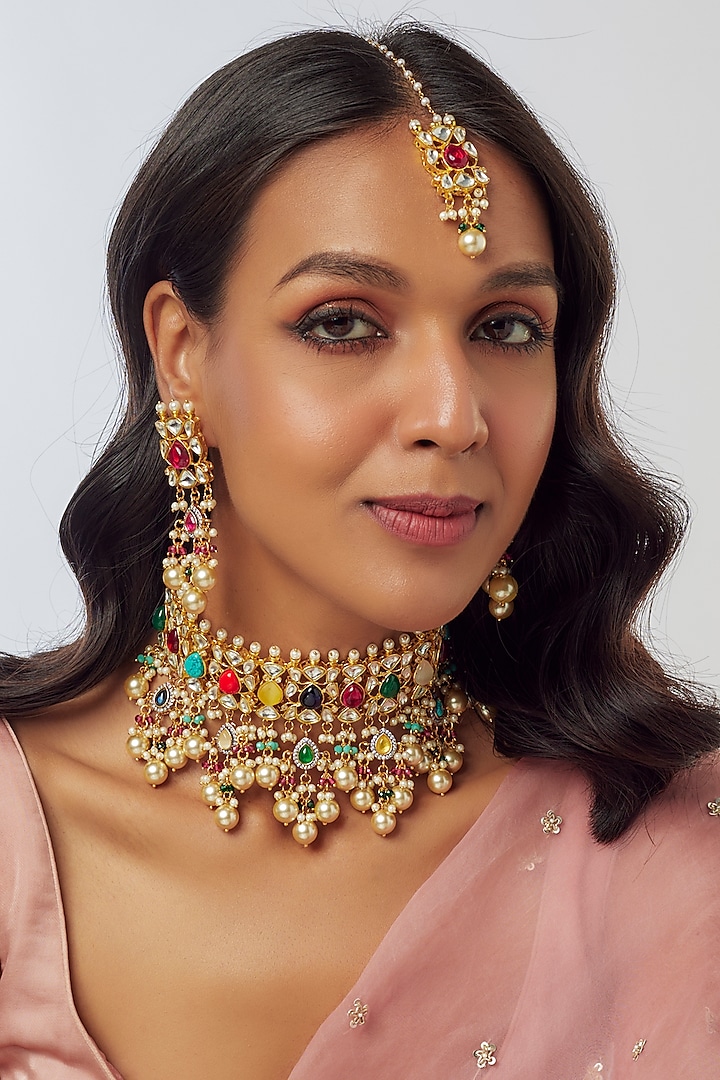 Gold Finish Kundan Polki & Semi-Precious Stone Choker Necklace Set by Tad Accessories