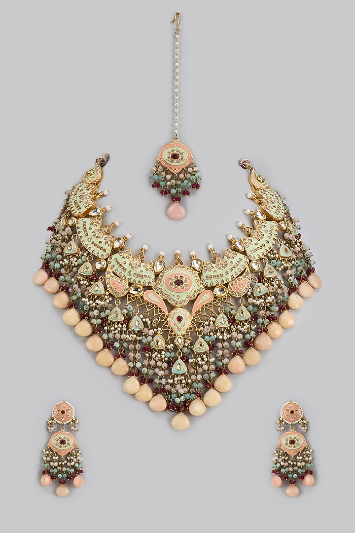 Gold Finish Kundan Polki & Semi-Precious Stone Necklace Set by Tad Accessories at Pernia's Pop Up Shop