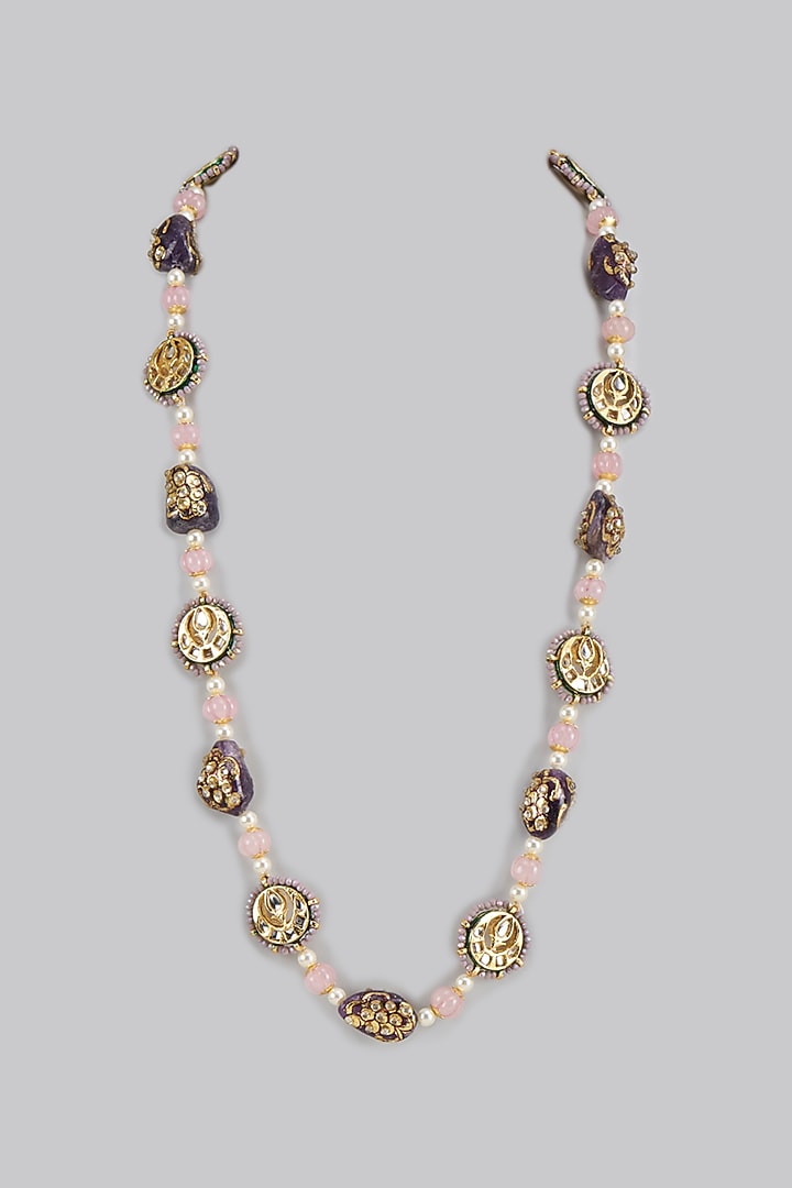 Gold Finish Kundan Polki & Semi-Precious Stone Necklace by Tad Accessories at Pernia's Pop Up Shop