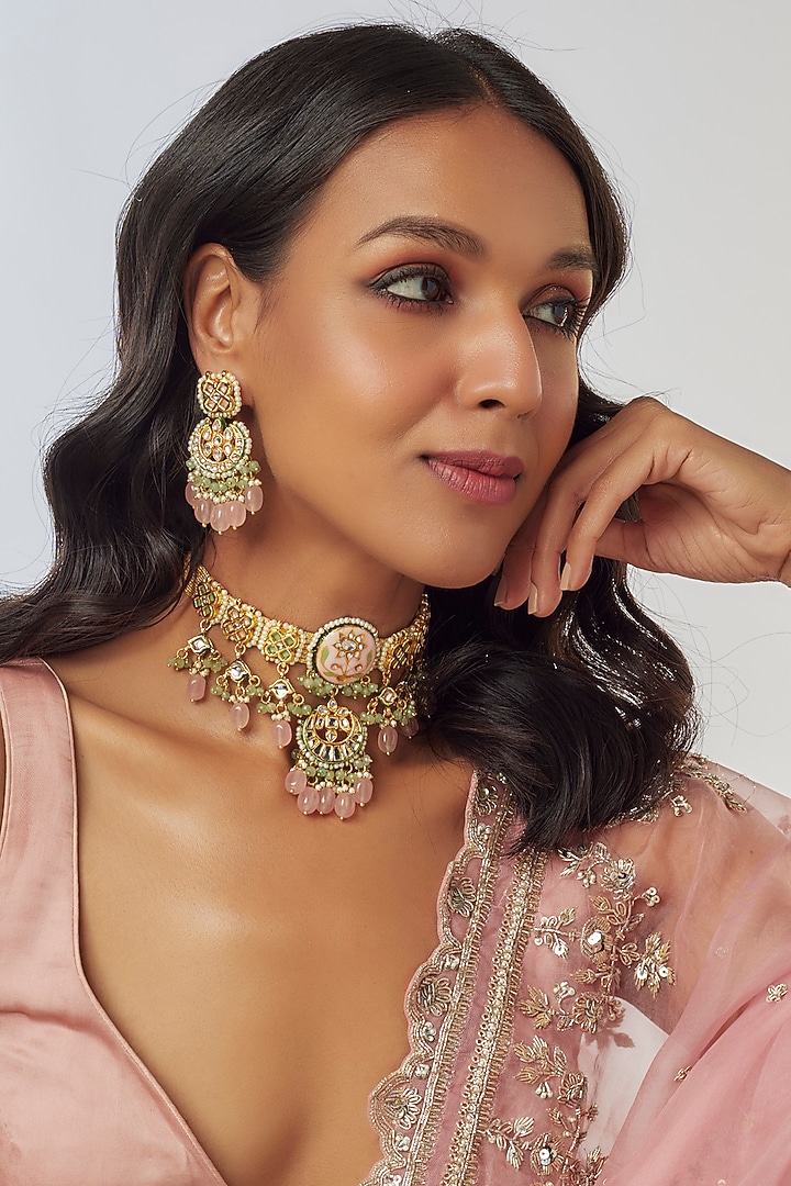Gold Finish Kundan Polki & Semi-Precious Stone Choker Necklace Set by Tad Accessories at Pernia's Pop Up Shop