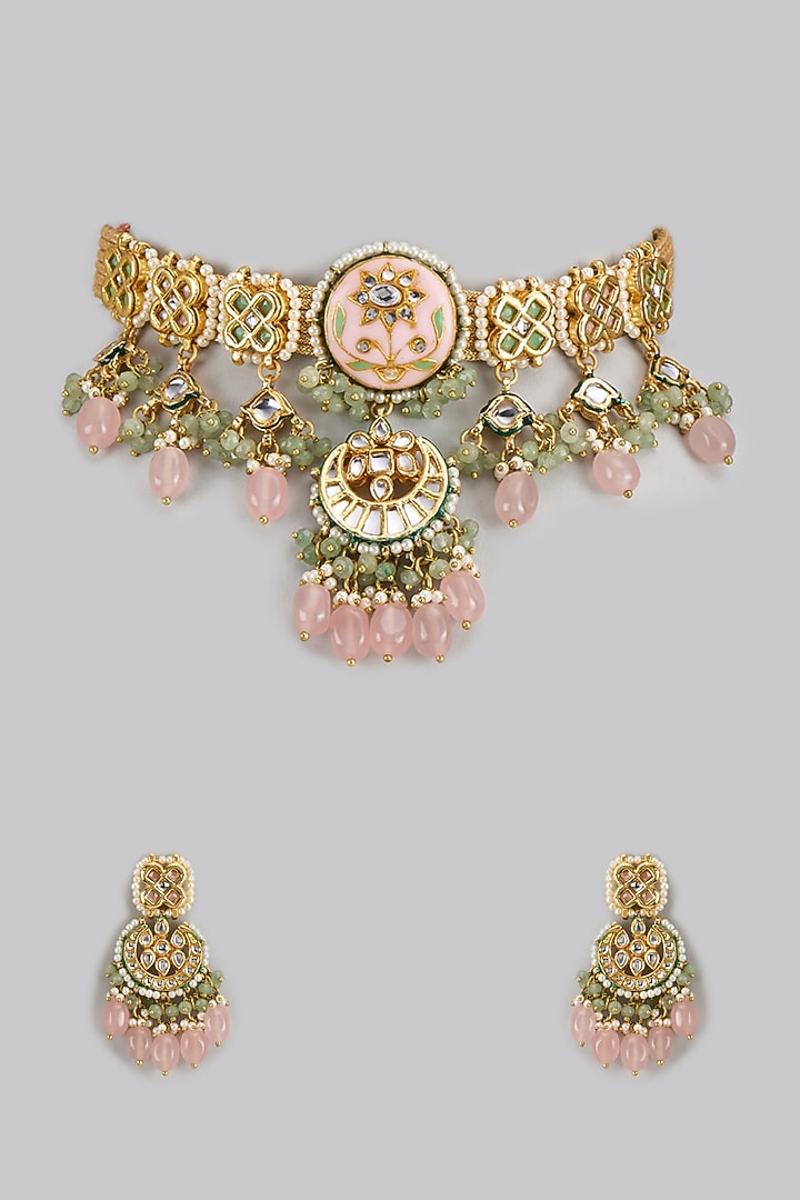 Gold Finish Kundan Polki & Semi-Precious Stone Choker Necklace Set by Tad Accessories at Pernia's Pop Up Shop