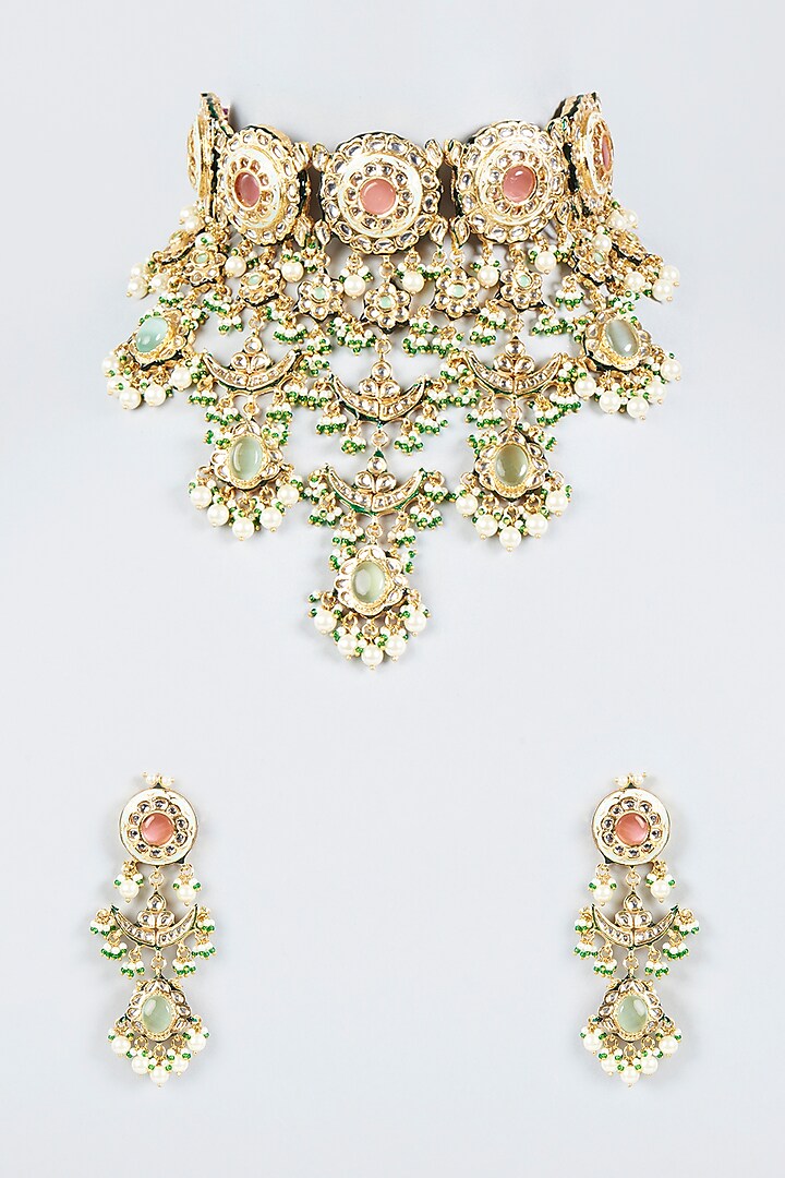 Gold Finish Kundan Polki Necklace Set by Tad Accessories