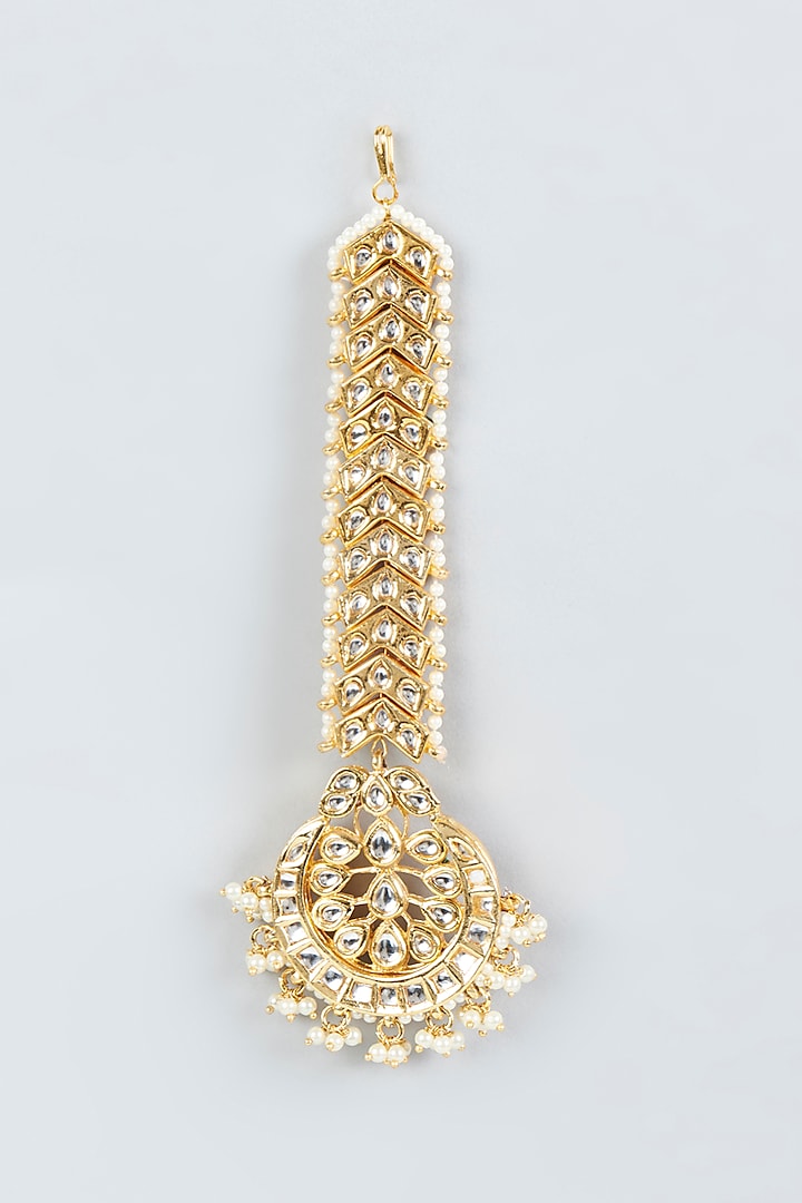 Gold Finish Faux Pearl Maang Tikka by Tad Accessories