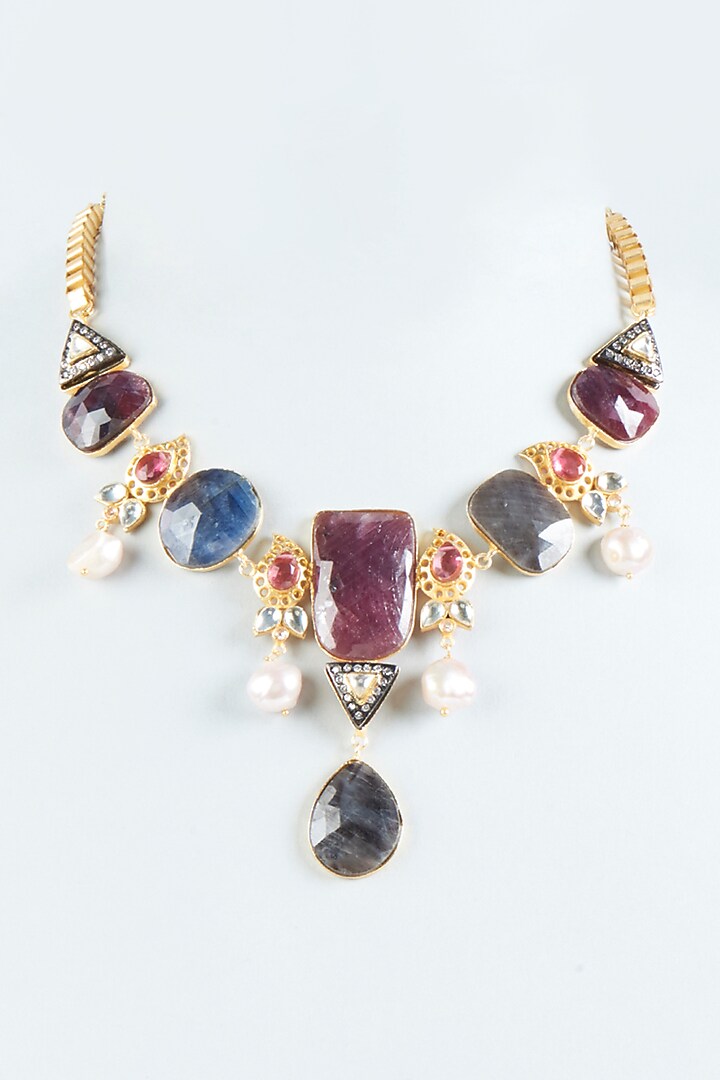 Gold Finish Multi-Colored Sapphire Synthetic Stone Necklace by Tad Accessories at Pernia's Pop Up Shop