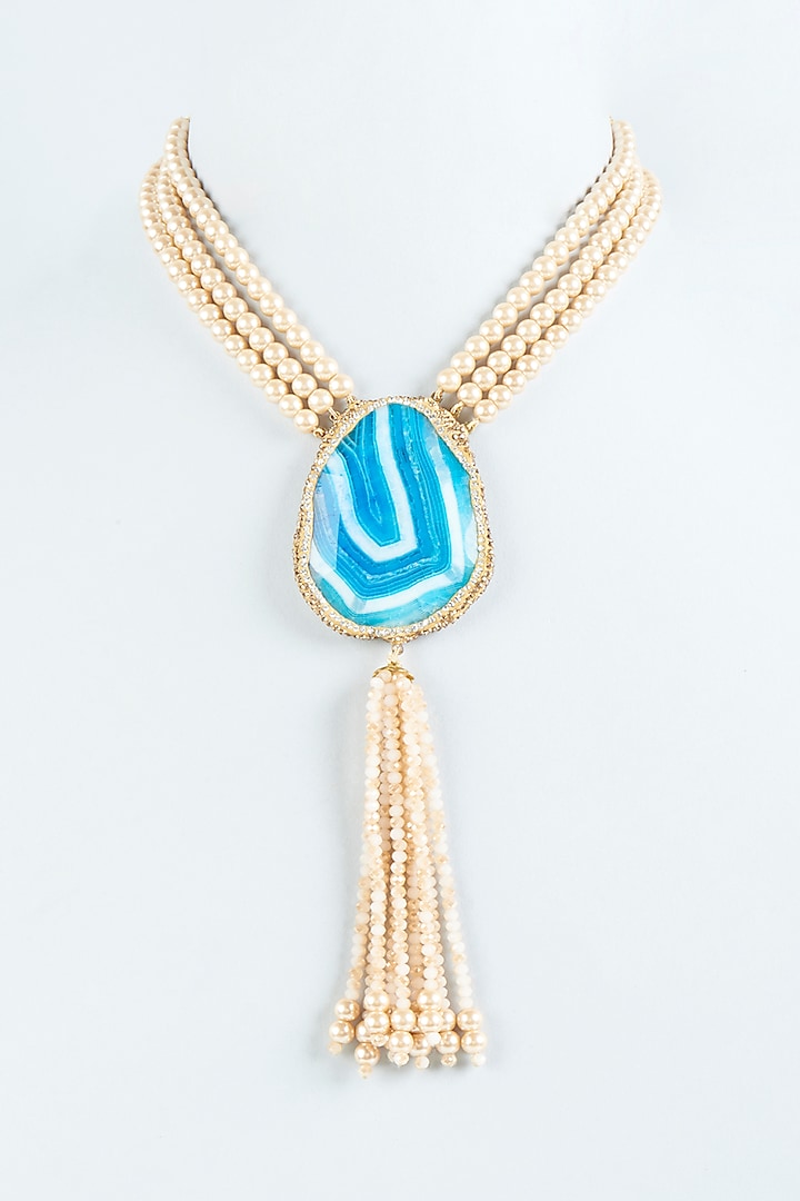 Gold Finish Sky Blue Agate Stone Necklace by Tad Accessories