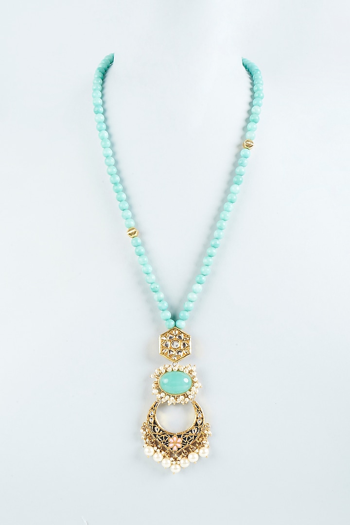 Gold Finish Powder Blue Agate Stone Long Necklace by Tad Accessories