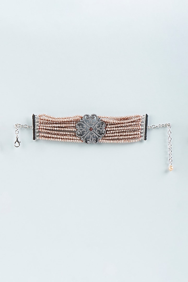Black Rhodium Finish Blush Pink Crystal Beaded Bracelet by Tad Accessories