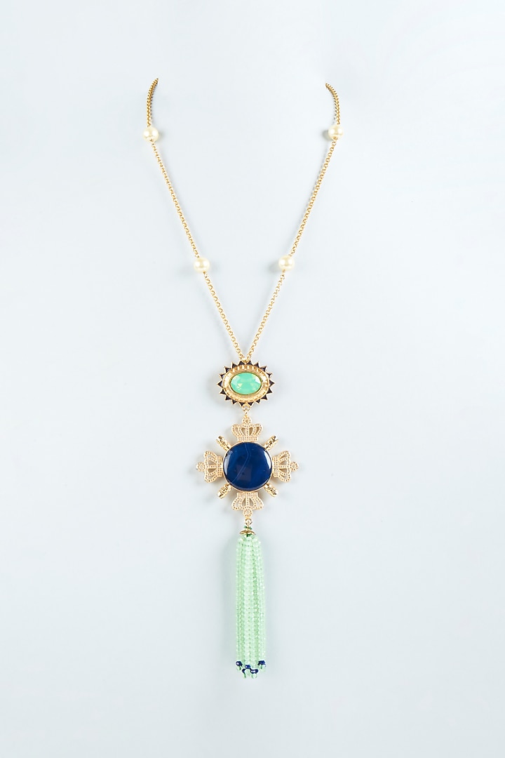 Gold Finish Aqua Green Semi-Precious Stone Long Necklace by Tad Accessories at Pernia's Pop Up Shop