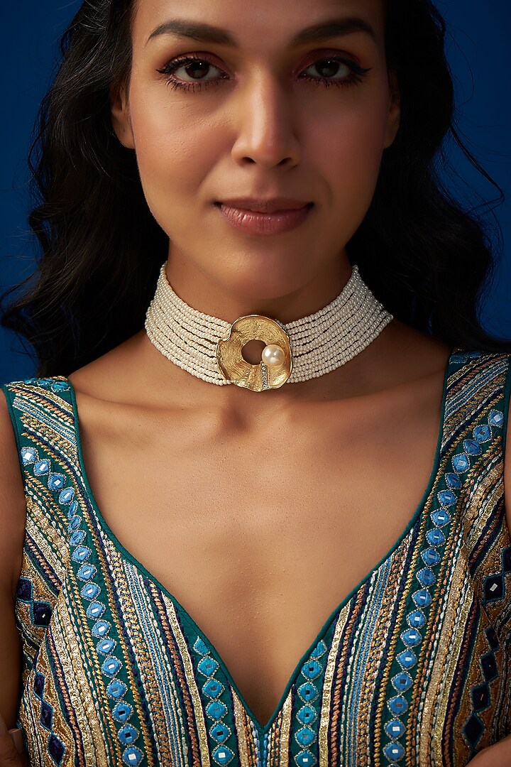 Gold Finish Faux Pearl Choker Necklace Design by Tad Accessories at