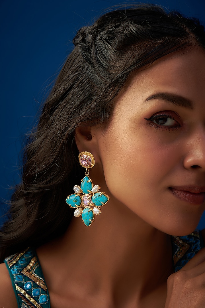 Gold Finish Turquoise Semi-Precious Stone Dangler Earrings by Tad Accessories at Pernia's Pop Up Shop