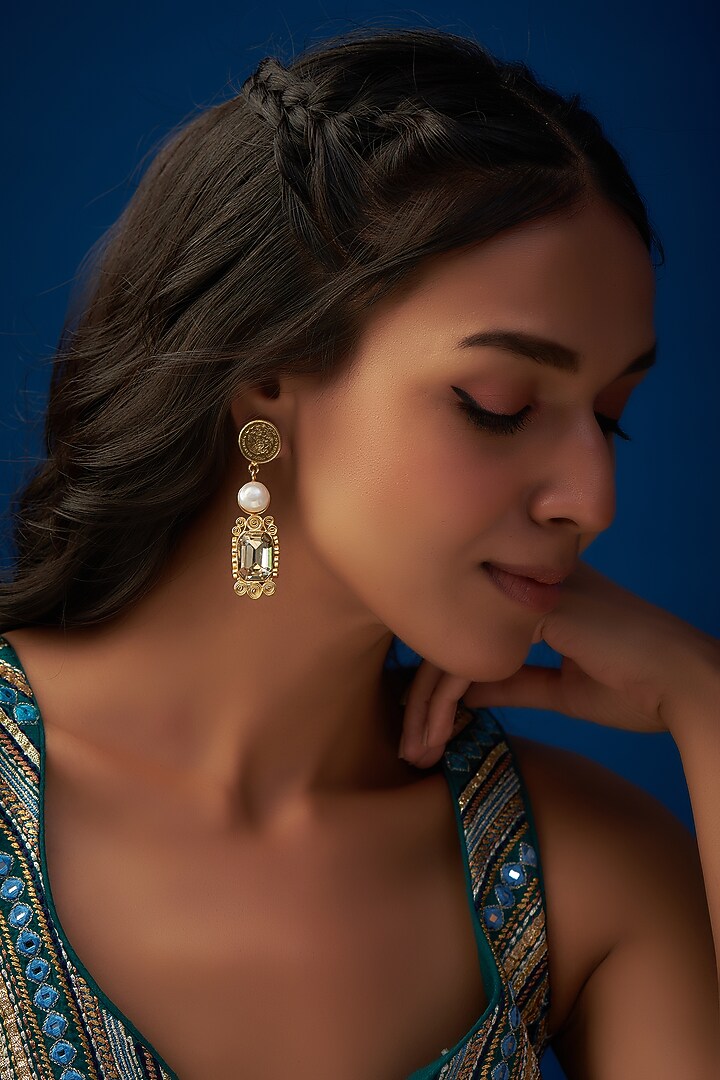 Gold Finish Swarovski Stone & Shell Pearl Dangler Earrings by Tad Accessories at Pernia's Pop Up Shop