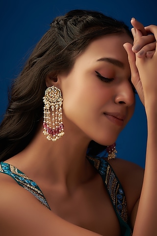 Gold Finish Kundan Polki Dangler Earrings by Tad Accessories