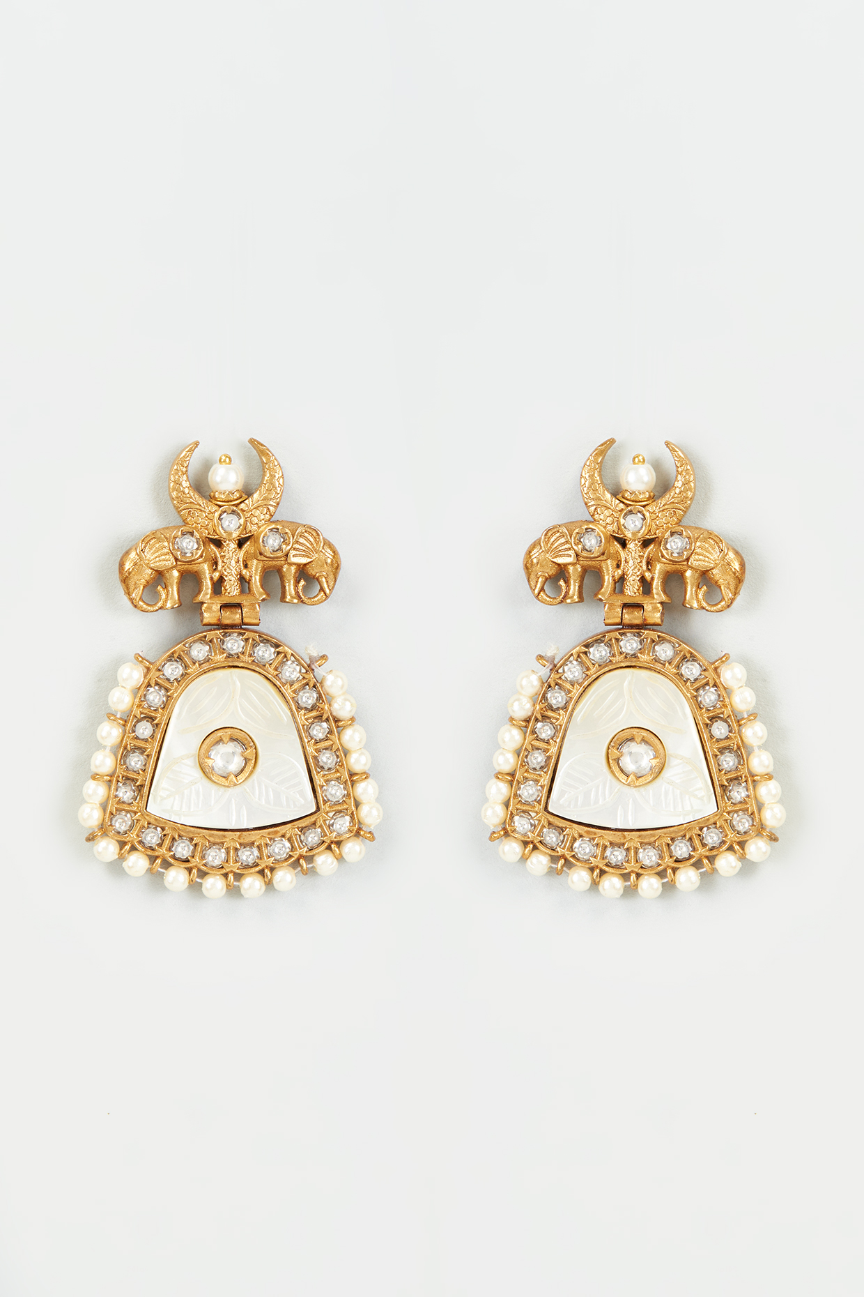 Gold Finish Kundan Polki & Mother Of Pearl Dangler Earrings by Tad Accessories