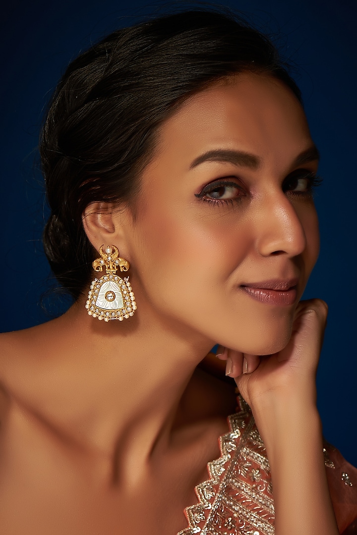 Gold Finish Kundan Polki & Mother Of Pearl Dangler Earrings by Tad Accessories