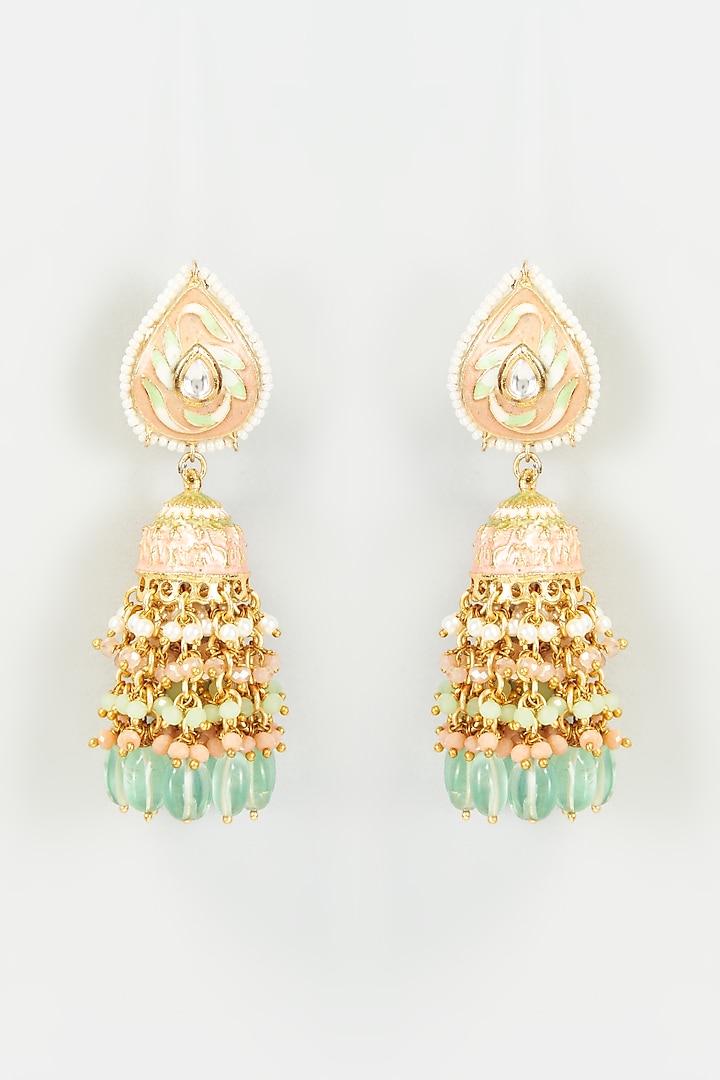 Gold Finish Kundan Polki & Semi-Precious Stone Dangler Earrings by Tad Accessories