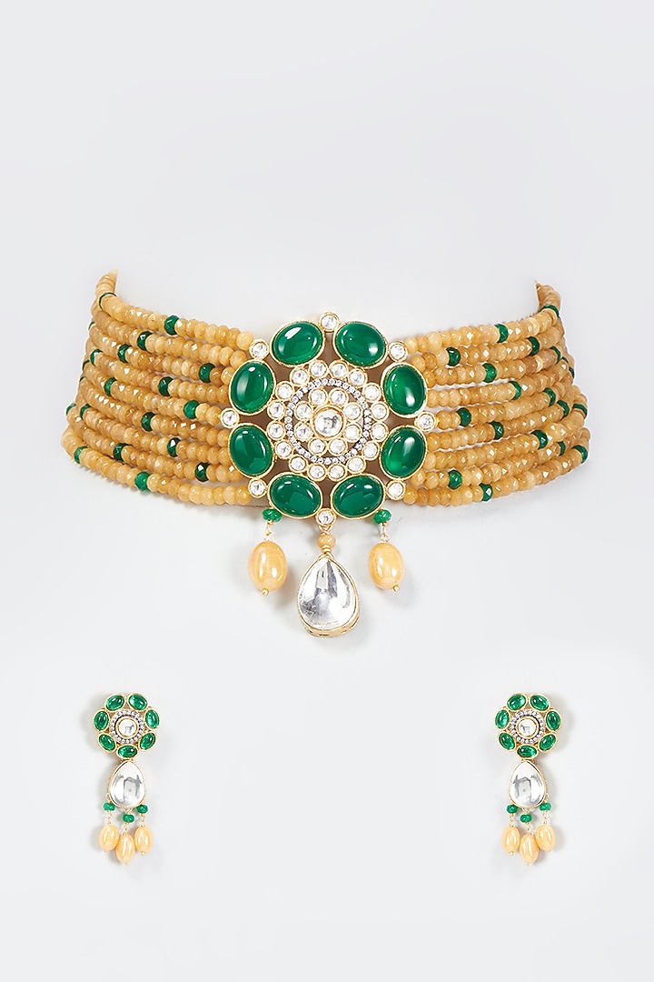 Gold Finish Imitation Polki Choker Necklace Set by Tad Accessories at Pernia's Pop Up Shop