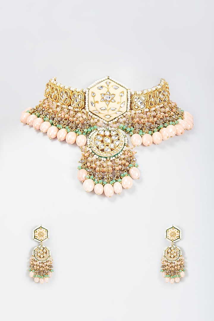Gold Finish Meenakari Choker Necklace Set by Tad Accessories at Pernia's Pop Up Shop