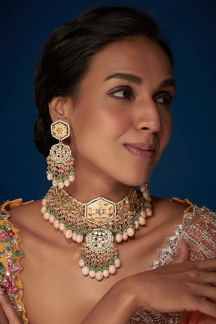 Gold Finish Meenakari Choker Necklace Set by Tad Accessories at Pernia's Pop Up Shop