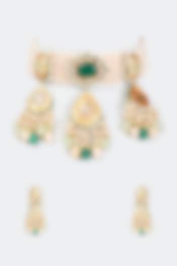 Gold Finish Green Kundan Polki Meenakari Choker Necklace Set by Tad Accessories