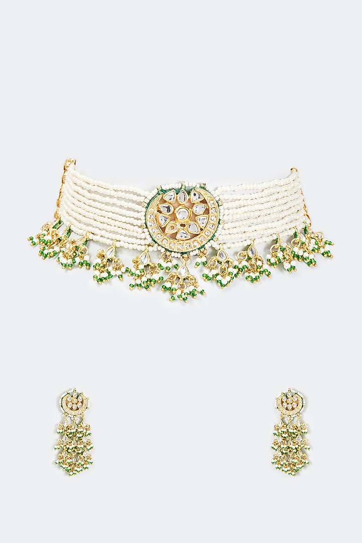 Gold Finish Kundan Polki Choker Necklace Set by Tad Accessories at Pernia's Pop Up Shop