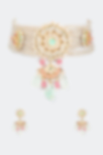 Gold Finish Pink Semi-Precious Stone & Kundan Polki Choker Necklace Set by Tad Accessories