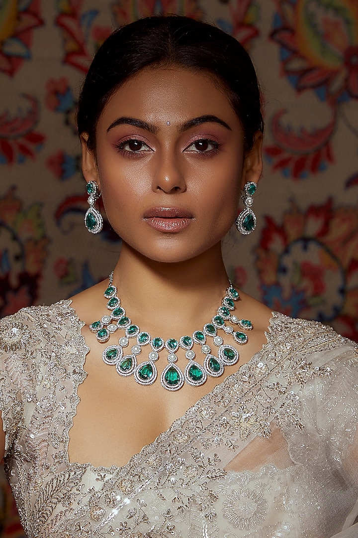 White Finish Green Hydro Stone & Zircon Necklace Set by Tad Accessories at Pernia's Pop Up Shop