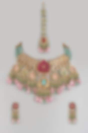 Gold Finish Imitation Kundan Polki & Pink Quartz Stone Necklace Set by Tad Accessories at Pernia's Pop Up Shop