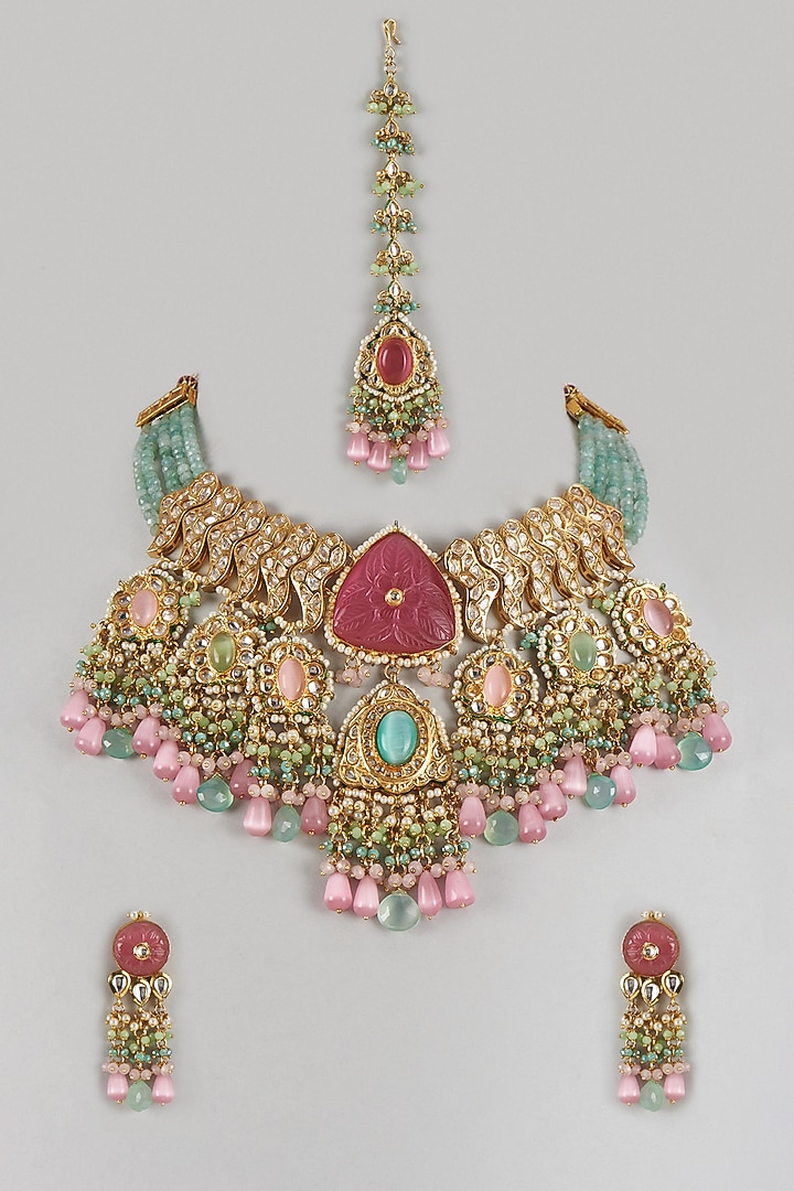 Gold Finish Imitation Kundan Polki & Pink Quartz Stone Necklace Set by Tad Accessories at Pernia's Pop Up Shop