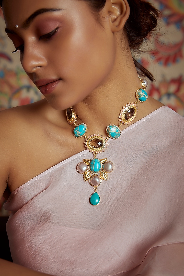 Gold Finish Turquoise Stone Necklace by Tad Accessories at Pernia's Pop Up Shop