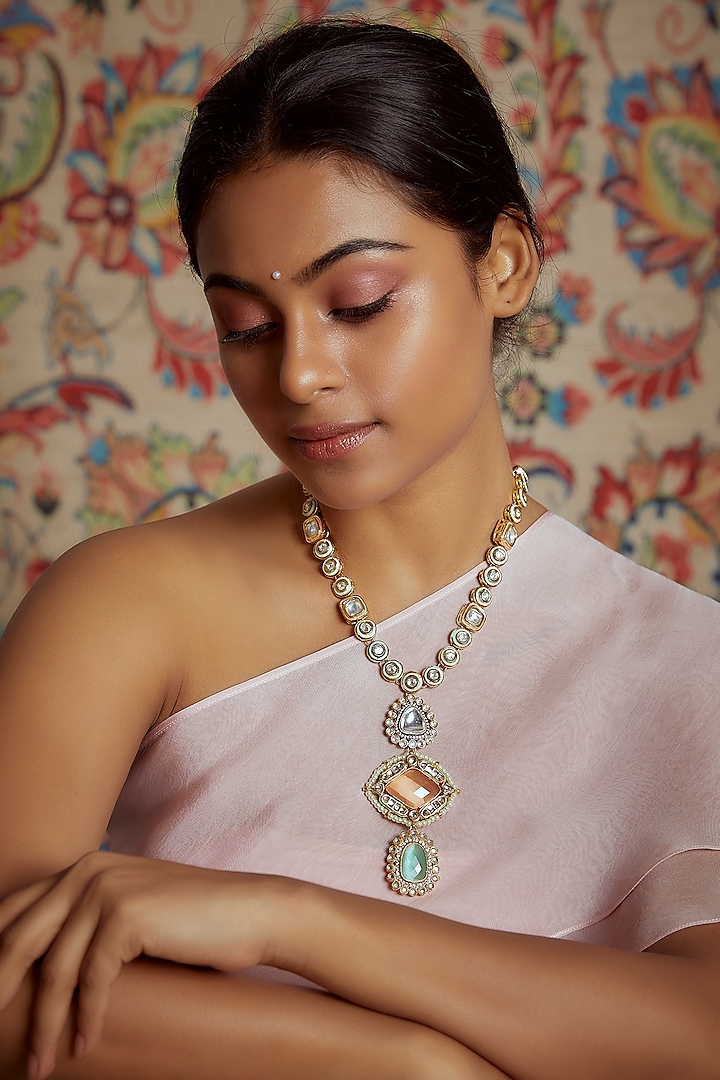 Gold Finish Kundan Polki Necklace by Tad Accessories at Pernia's Pop Up Shop