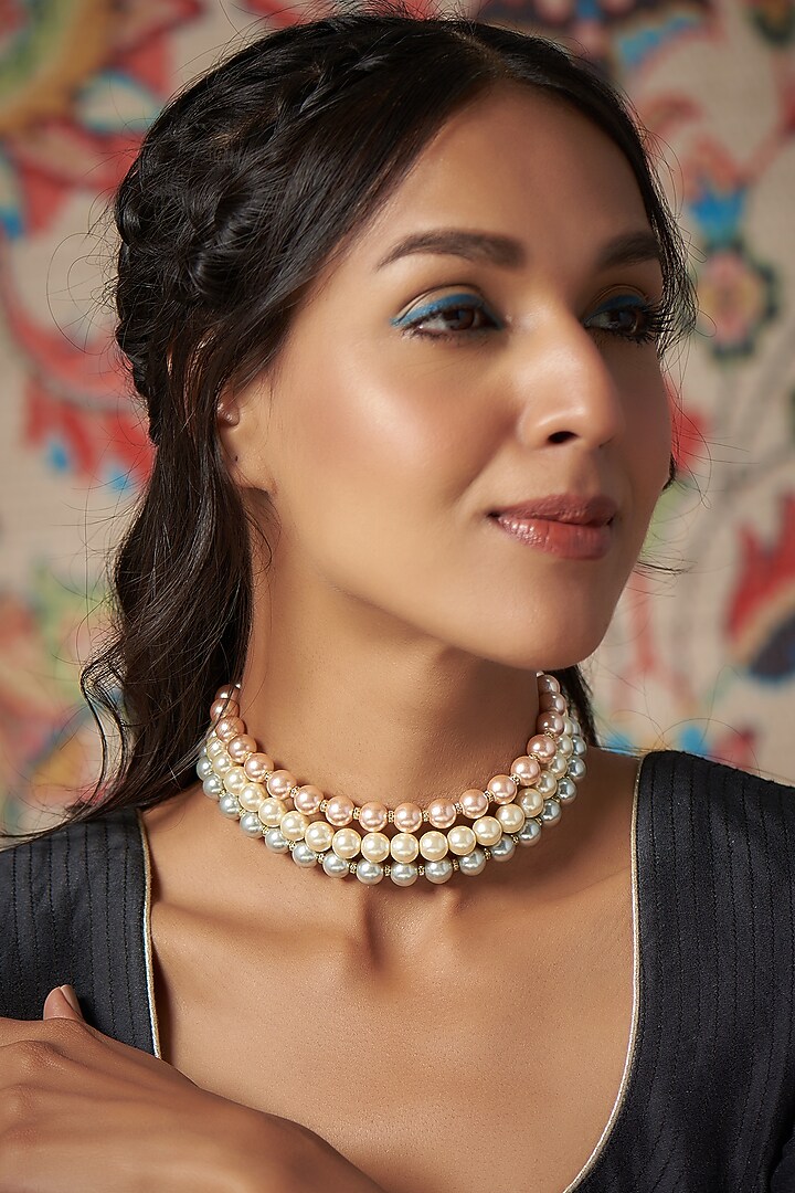 Gold Finish Shell Pearl Choker Necklace by Tad Accessories at Pernia's Pop Up Shop