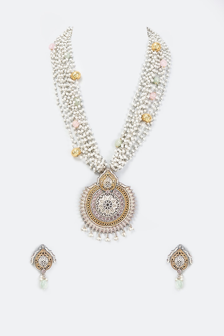 Two Tone Finish Faux Pearl Necklace Set by Tad Accessories at Pernia's Pop Up Shop