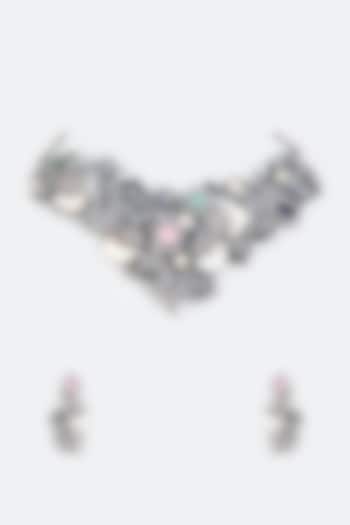 Black Rhodium Finish Imitation Polki Necklace Set by Tad Accessories at Pernia's Pop Up Shop