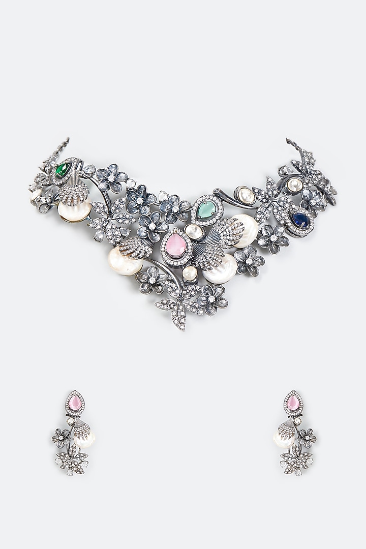 Black Rhodium Finish Imitation Polki Necklace Set by Tad Accessories at Pernia's Pop Up Shop