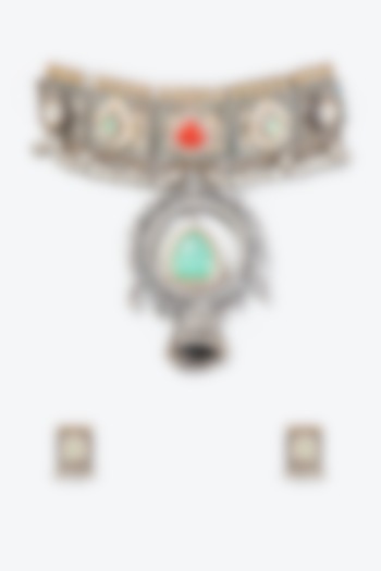 Two Tone Finish Semi Precious Stone Necklace Set by Tad Accessories at Pernia's Pop Up Shop