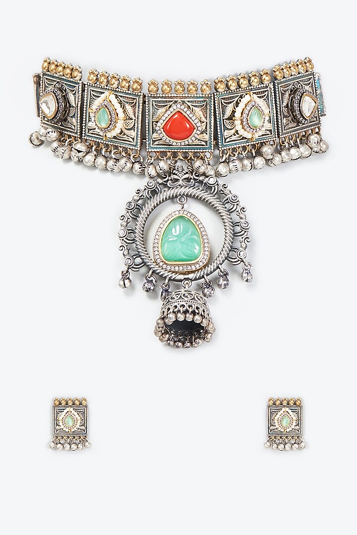 Two Tone Finish Semi Precious Stone Necklace Set by Tad Accessories at Pernia's Pop Up Shop